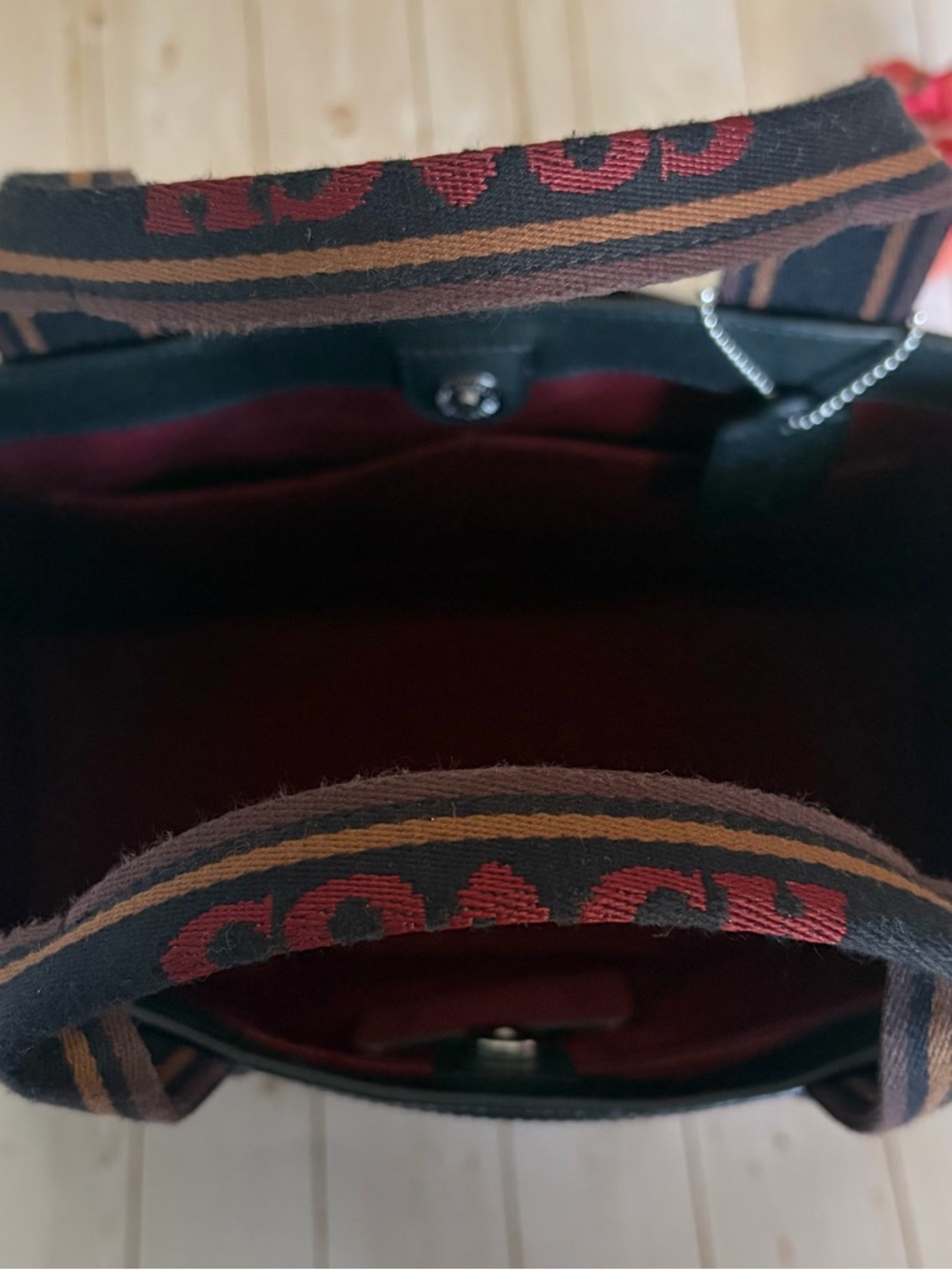 Coach Black Leather Tote with Brown and Red Logo Web Straps - Picture 6 of 10